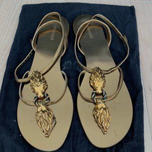 Roberto Cavalli Gold Leather Flat Sandals w/ Lion